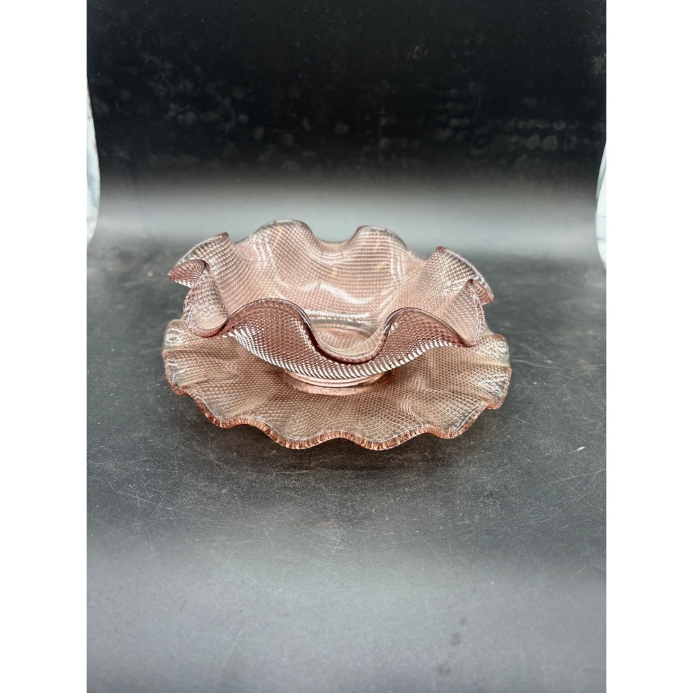 Vintage Amethyst Purple Glass‎ Ruffled Waffle Texture Bowl and Saucer Set